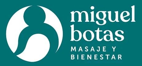Logo blanco y turquesa de Miguel Botas Masaje y Bienestar con figura abstracta circular