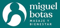 Logo blanco y turquesa de Miguel Botas Masaje y Bienestar con figura abstracta circular