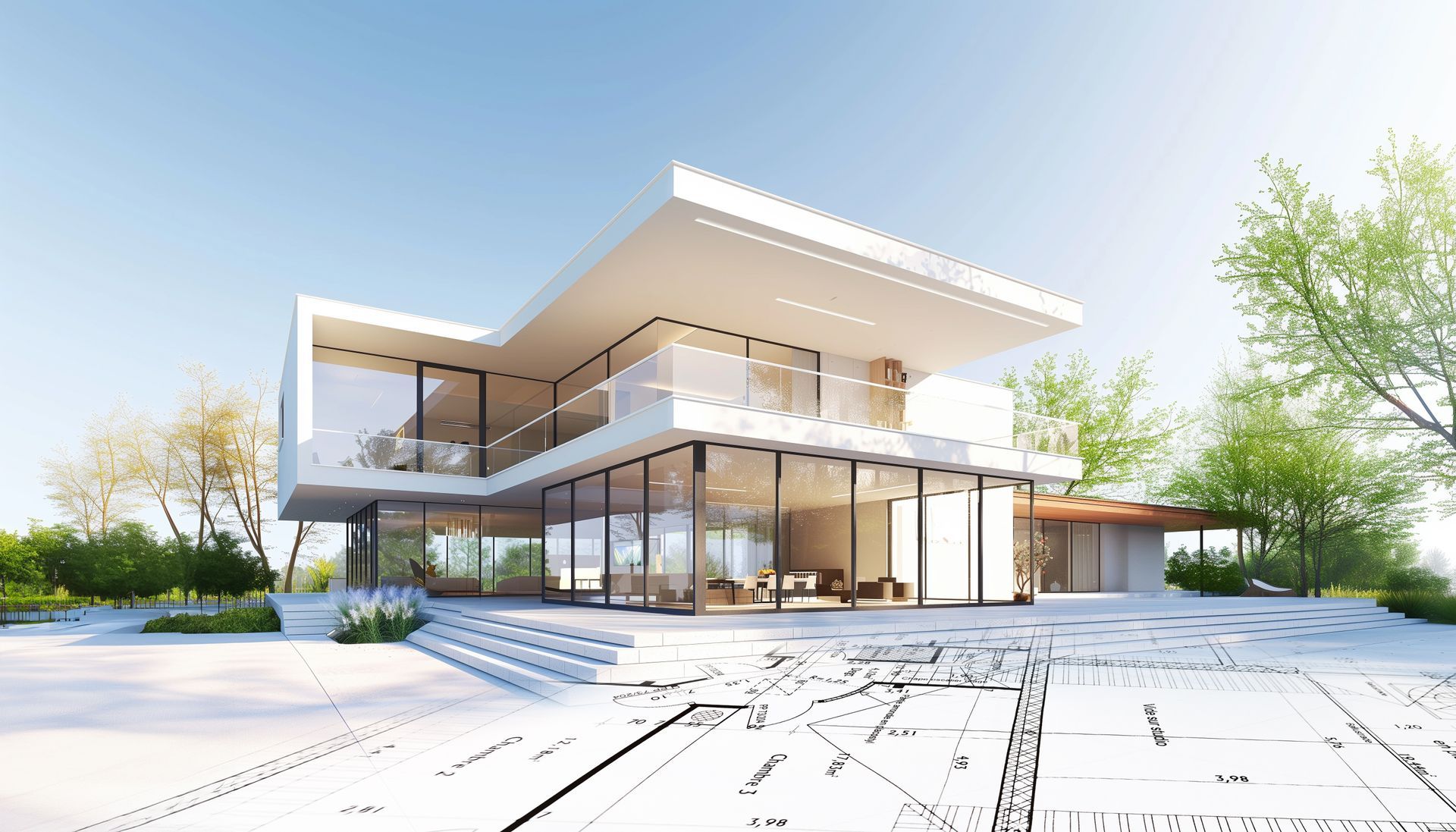 Plan 3D d'une maison moderne et blanche à deux étages avec baies vitrées, balcon et plan d'étage ouvert, située dans un environnement extérieur lumineux et ensoleillé.
