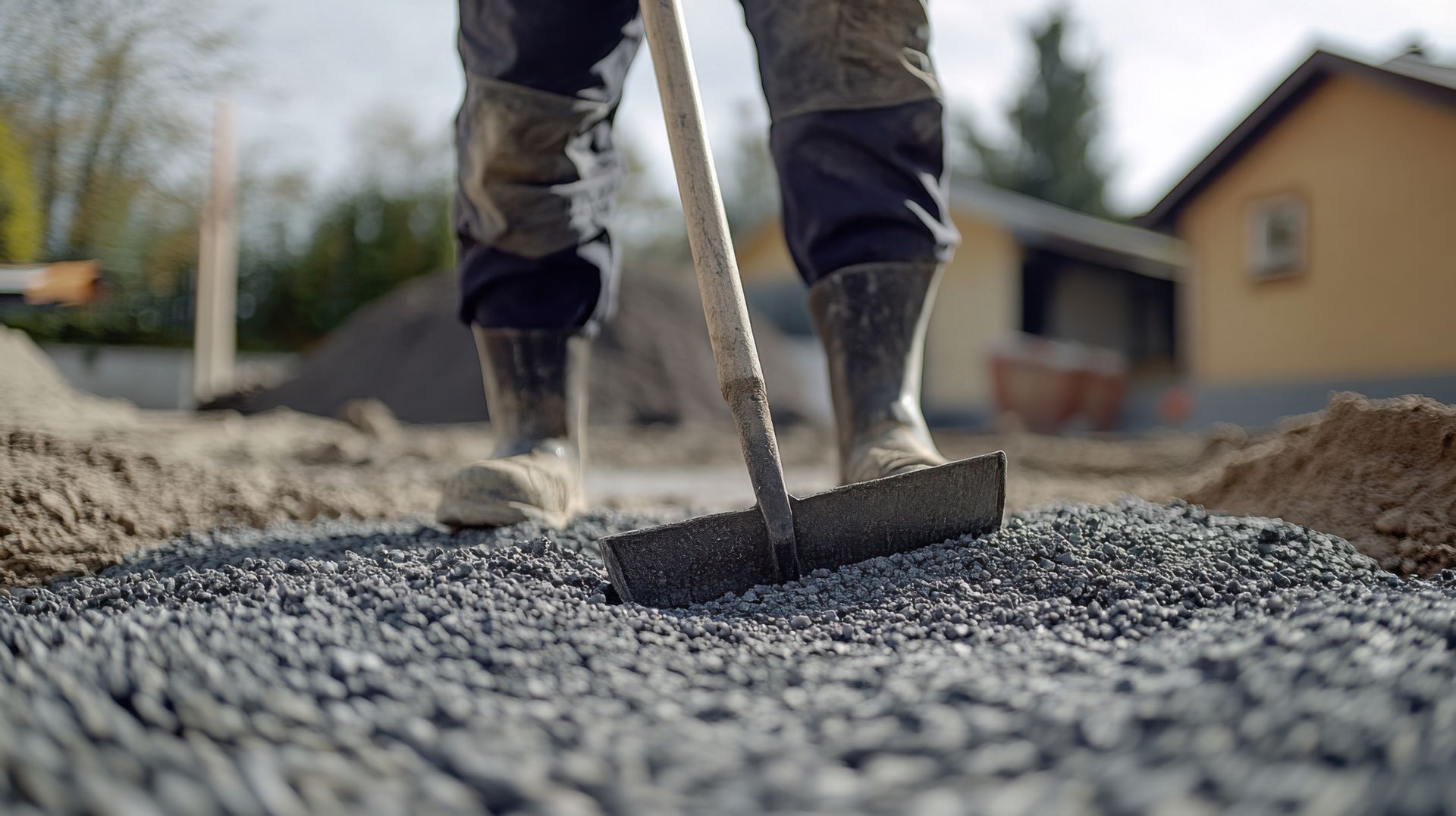 Une personne ratisse du gravier avec un râteau à dents larges, portant des bottes de travail et un pantalon bleu, sur un chantier de construction.