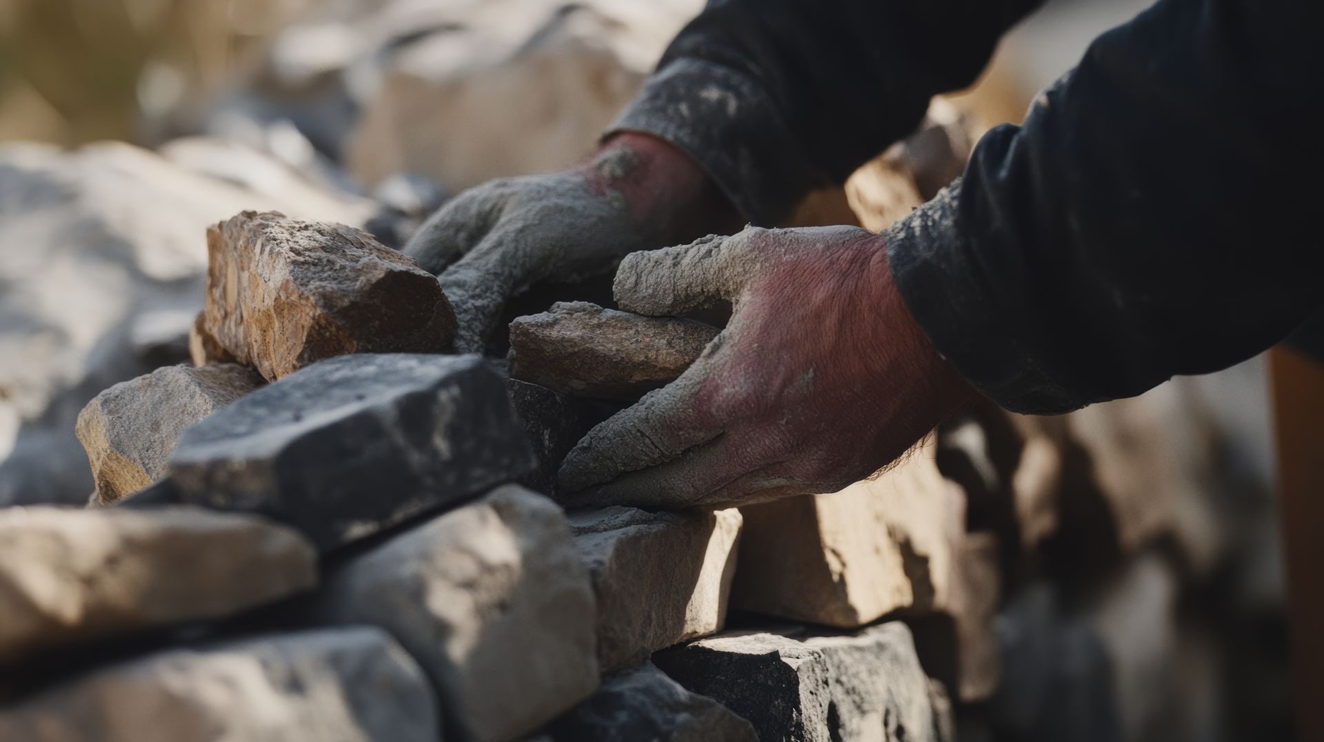Des mains d'homme posent des pierres pour construire un mur à l'extérieur. Les mains sont couvertes de poussière.