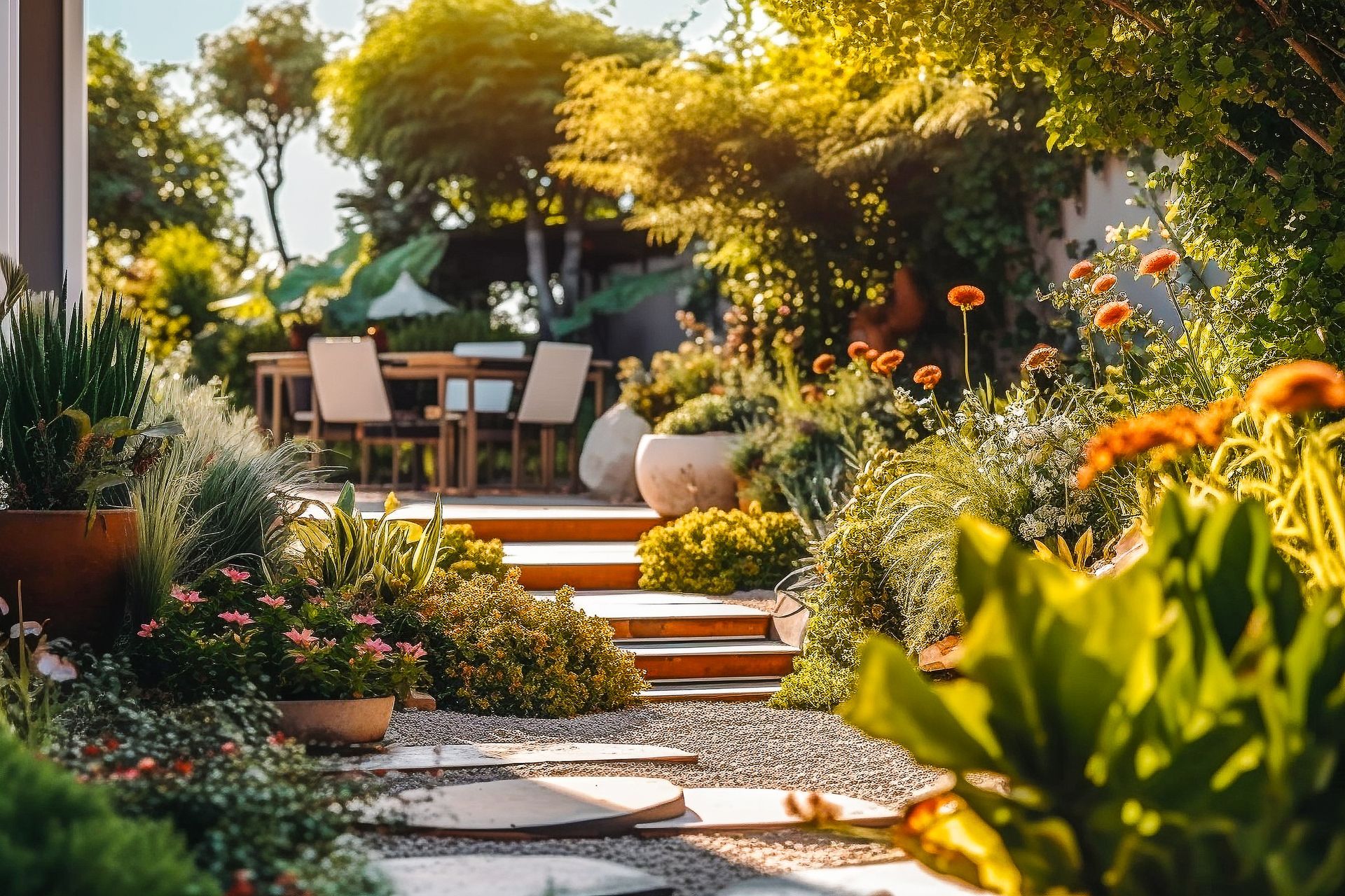 Un chemin de jardin luxuriant mène à un patio avec une table et des chaises, baigné de soleil chaud.
