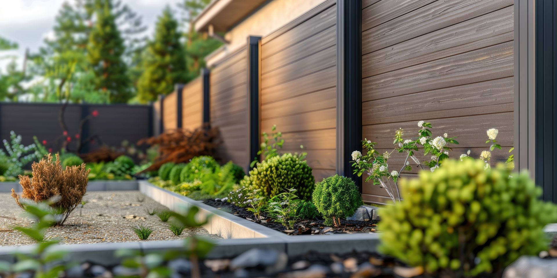 Un jardin paysager avec une clôture brune, des arbustes et du gravier.