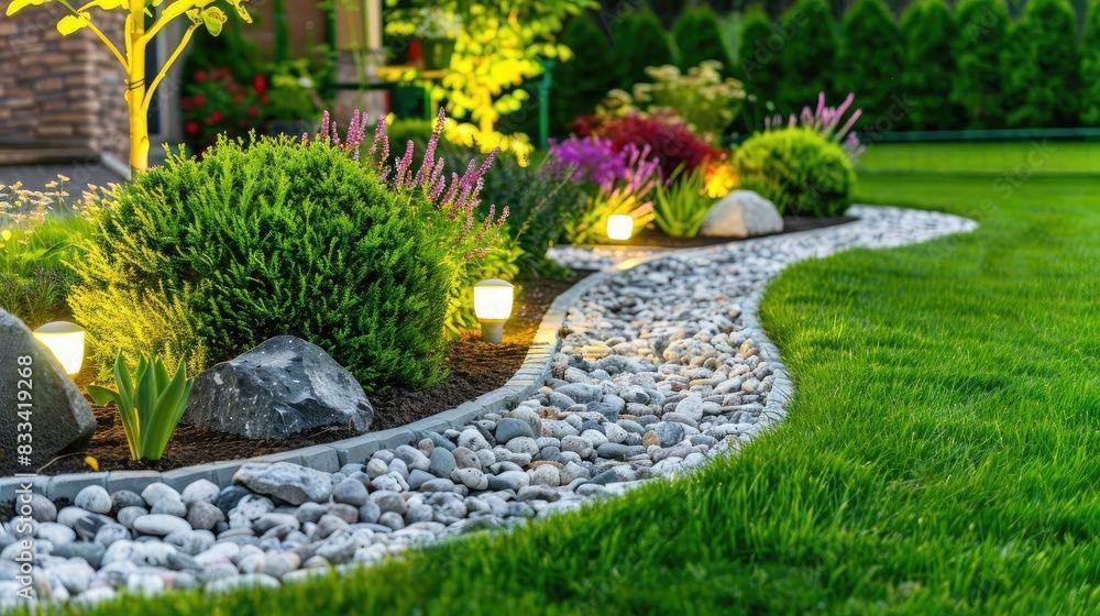 Chemin en galets à travers un jardin coloré avec de l'herbe verte, des arbustes, des fleurs et des lumières brillantes.