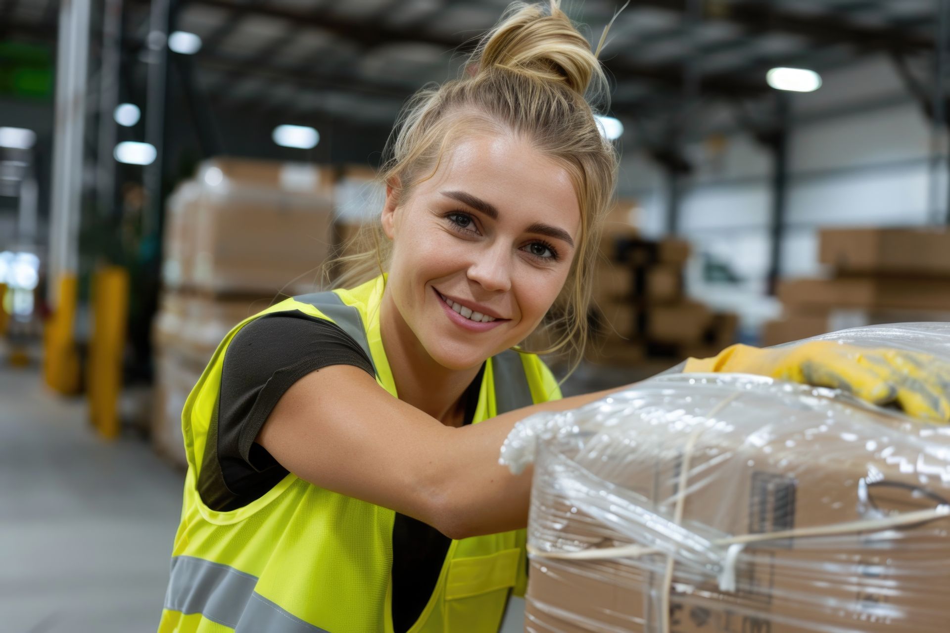 Une femme avec un gilet jaune devant des cartons.