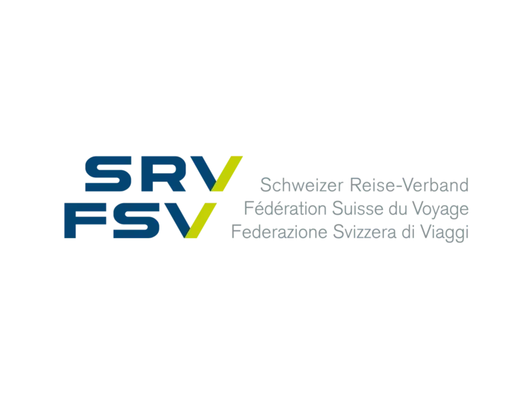 Logo SRV FSV avec le nom de l'association suisse du tourisme en allemand, français et italien sur fond blanc