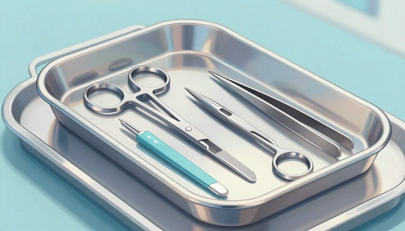 Bandeja de acero inoxidable con instrumental quirúrgico, que incluye tijeras, fórceps y bisturí, sobre una superficie azul.