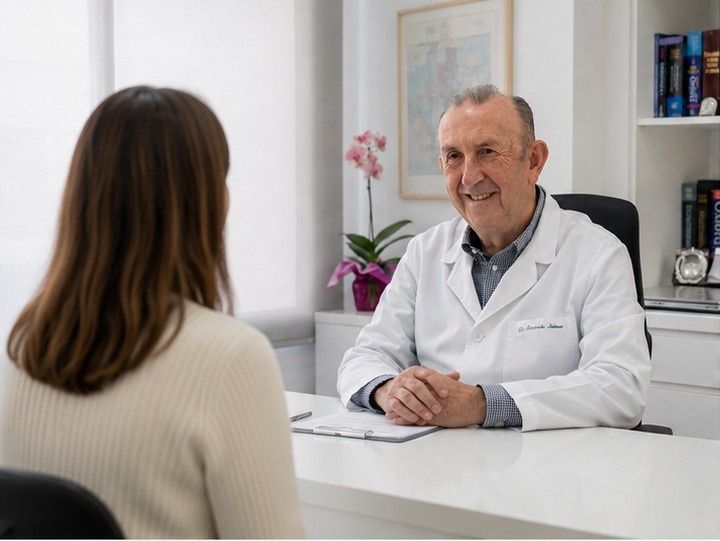Un médico conversa con un paciente en una oficina luminosa, sentados uno frente al otro frente a un escritorio.
