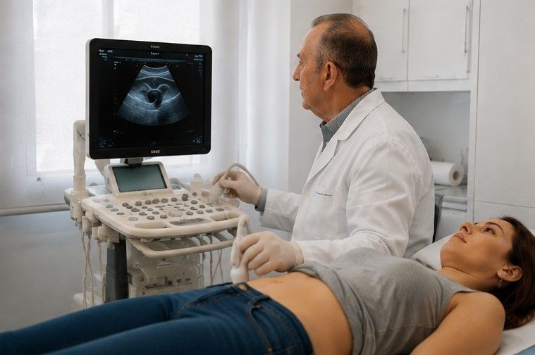 Un médico realiza una ecografía a un paciente en una sala de exploración clínica.