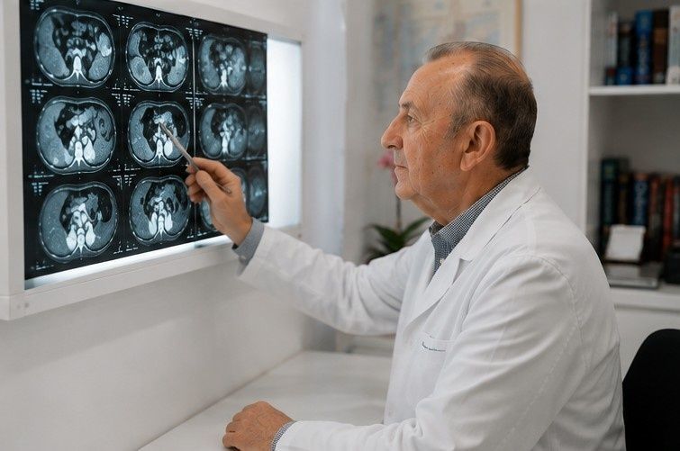 Un médico señala escáneres cerebrales en una caja de luz en un consultorio médico.