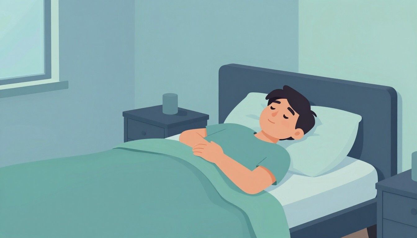 Persona tumbada en la cama bajo una manta color turquesa en una habitación con iluminación tenue.