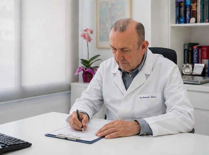 Un médico con bata blanca escribe en un portapapeles en un escritorio en una oficina luminosa.