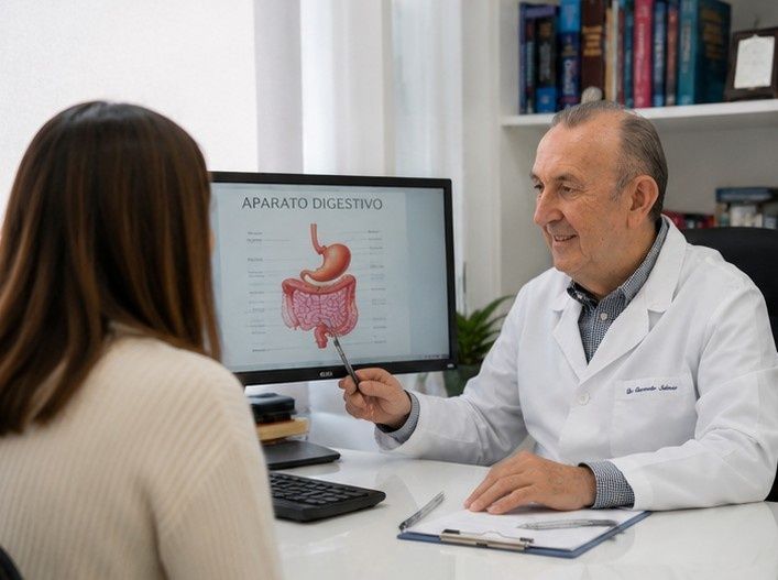 Un médico explica un diagrama del sistema digestivo a un paciente en una consulta médica.