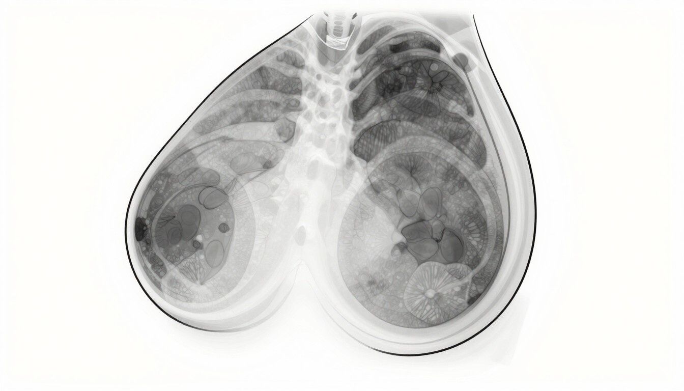 Radiografía que muestra dos grandes masas redondeadas en la cavidad torácica, una a cada lado.