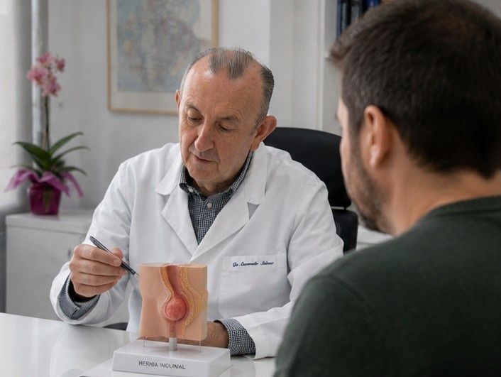 Un médico le muestra un modelo médico a un paciente en el consultorio de una clínica.