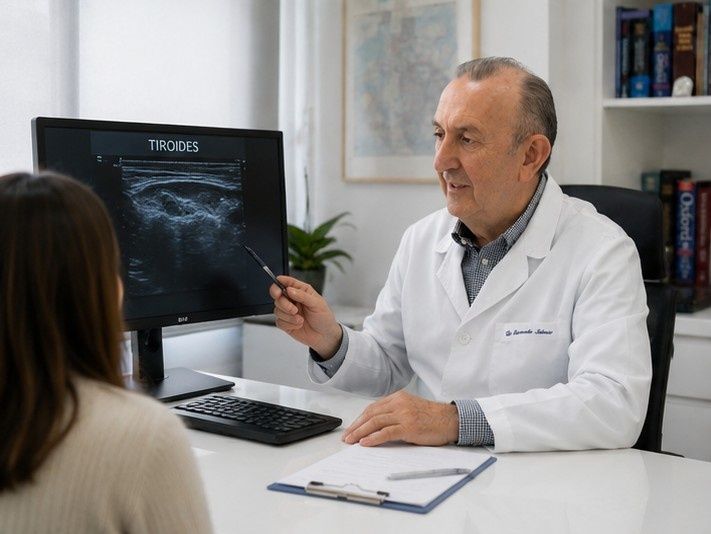 Un médico le muestra a un paciente una ecografía en una computadora en el consultorio de una clínica.