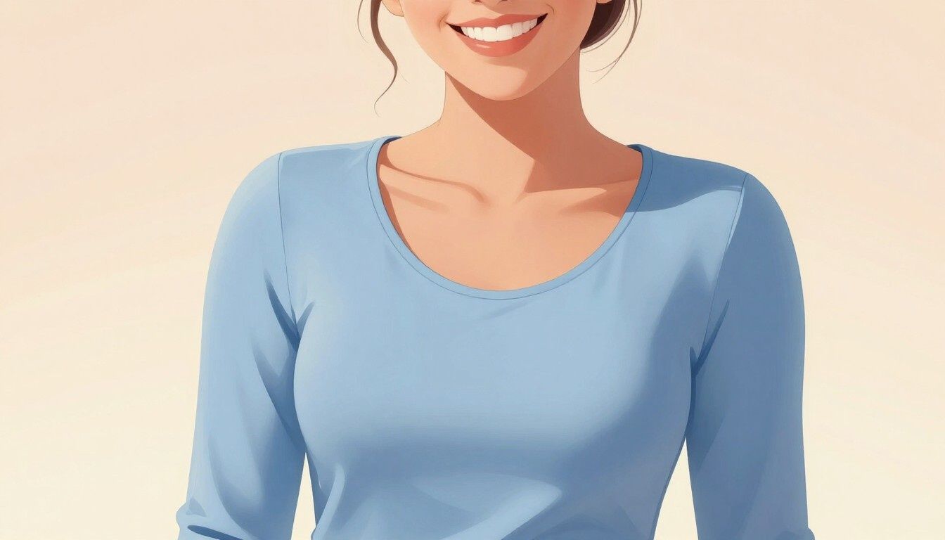 Persona sonriente con una camisa azul claro de manga larga sobre un fondo pálido.