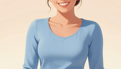 Persona sonriente con camisa azul claro sobre un fondo beige suave.
