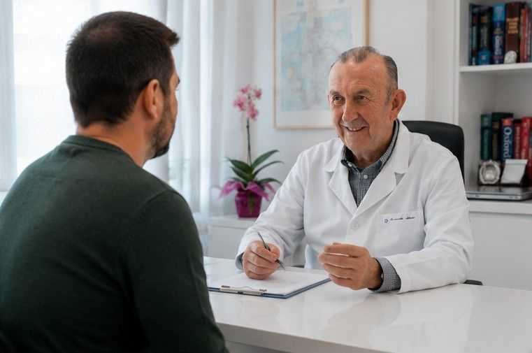 Un médico habla con un paciente al otro lado de un escritorio en un luminoso consultorio médico.