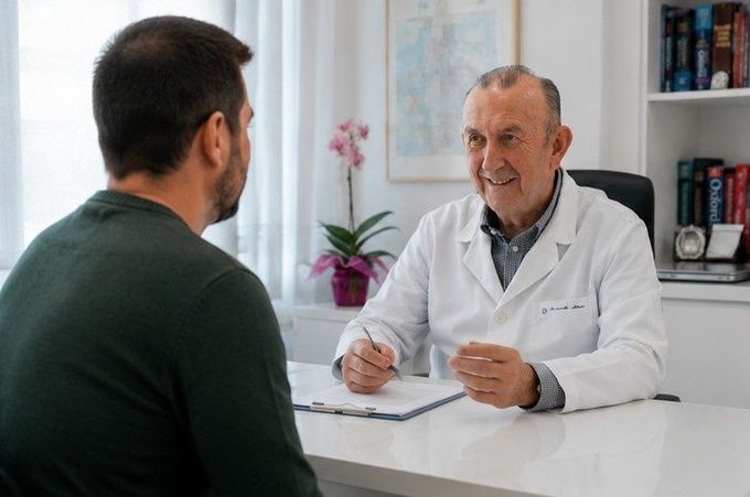 Un médico habla con un paciente al otro lado de un escritorio en un luminoso consultorio médico.