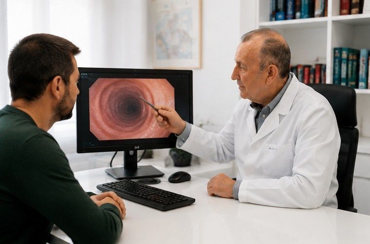 El médico señala el examen ocular en la pantalla del ordenador mientras habla con el paciente en la clínica.