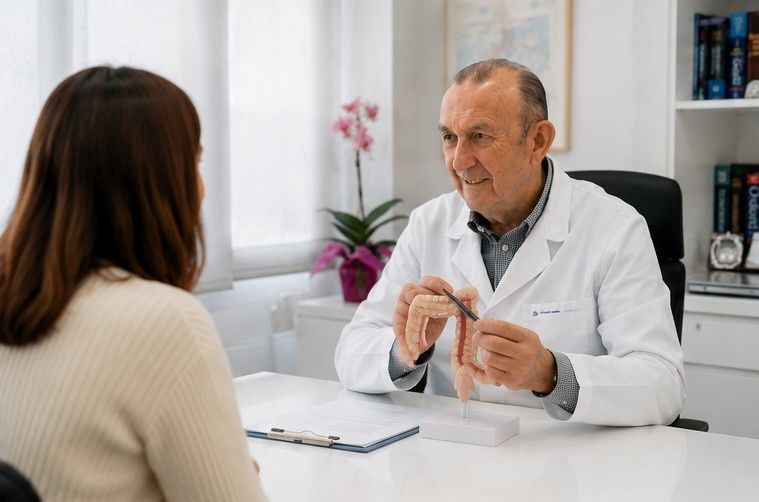 Un médico habla con un paciente en una luminosa consulta, sosteniendo un modelo de dientes.