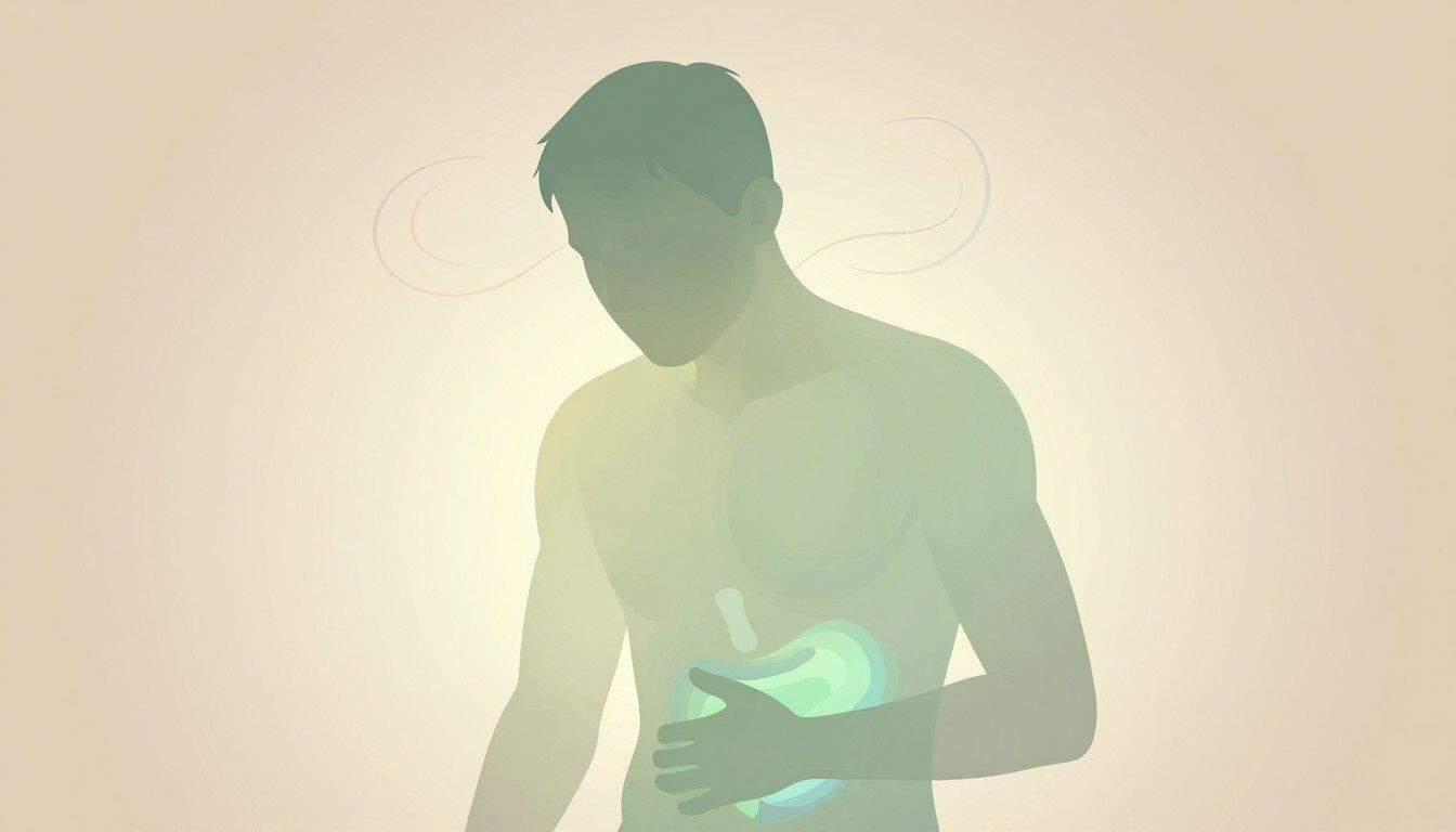 Silueta de una persona sujetándose el estómago, iluminada por un suave resplandor verde sobre un fondo brumoso.