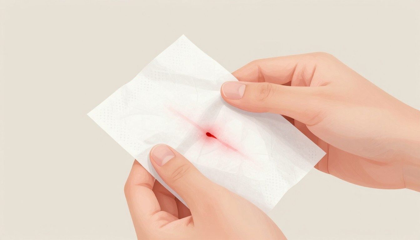 Manos sosteniendo un pañuelo blanco con una mancha de sangre roja sobre un fondo claro.