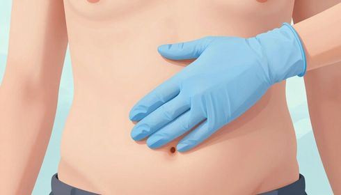 Una mano enguantada presiona un abdomen descubierto, sugiriendo un examen médico.