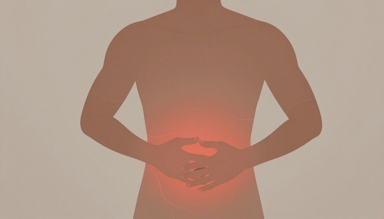 Silueta de una persona sujetándose el abdomen, con un brillo rojo que indica dolor de estómago.