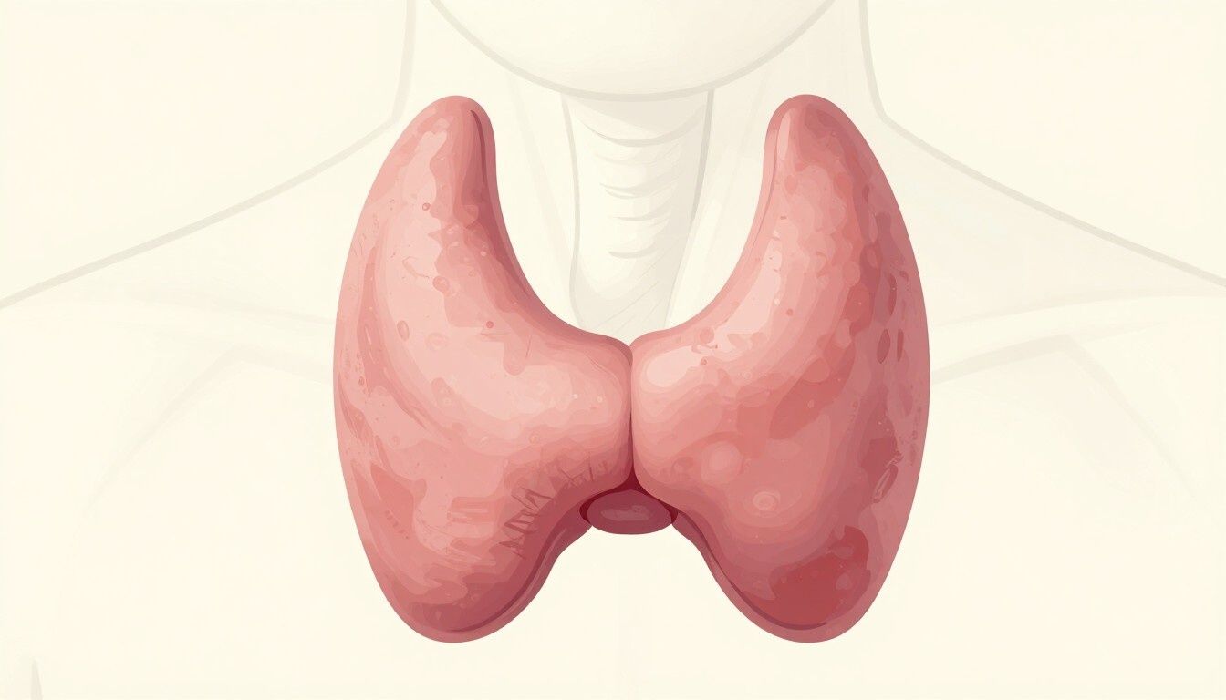 Ilustración de una glándula tiroides rosada en el contorno de un cuello humano.