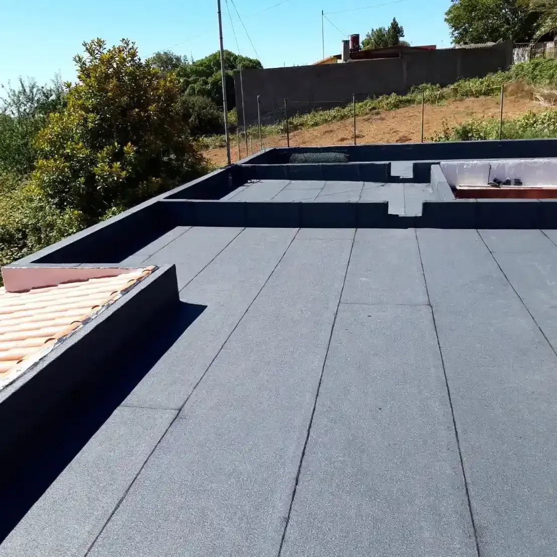 Un techo negro con algunos árboles al fondo.