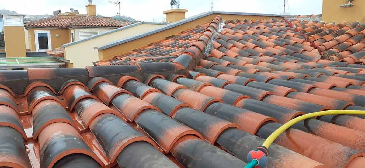 Una persona está rociando agua sobre un techo de tejas con una manguera.