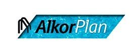 Un logotipo azul y blanco para alkorplan sobre un fondo blanco.