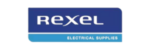 Un logo bleu et blanc pour les fournitures électriques rexel