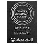 Black award plaque reading “Suomen Vahvimmat Platina 2007–2018” with Asiakastieto logo and website.