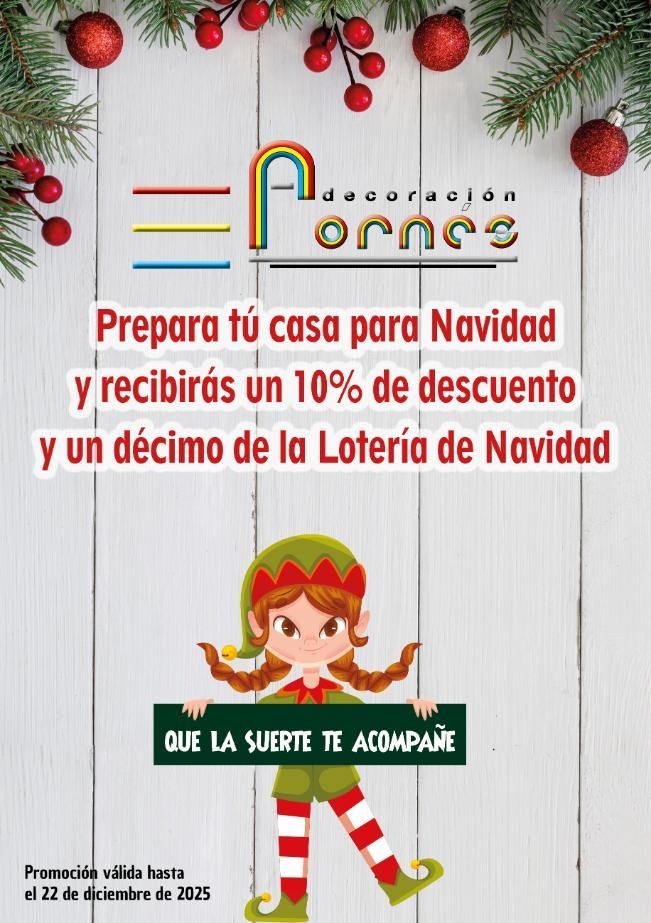Anuncio que ofrece un 10% de descuento y un billete de lotería para adornos navideños. Presenta a un elfo con un cartel.