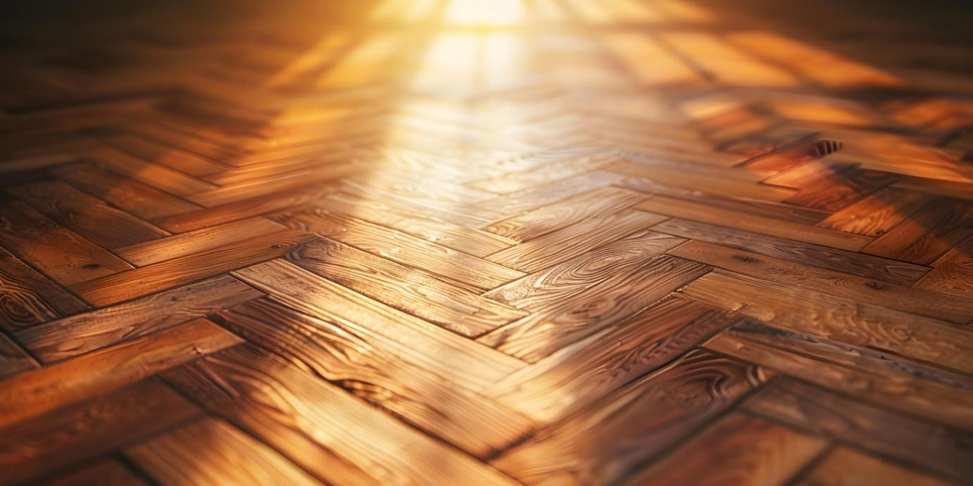 Suelo de parquet de madera con luz solar brillando hacia abajo.
