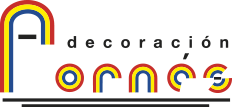 Logo for Decoración Fornés, featuring arched letters in colors. Black horizontal line underneath.