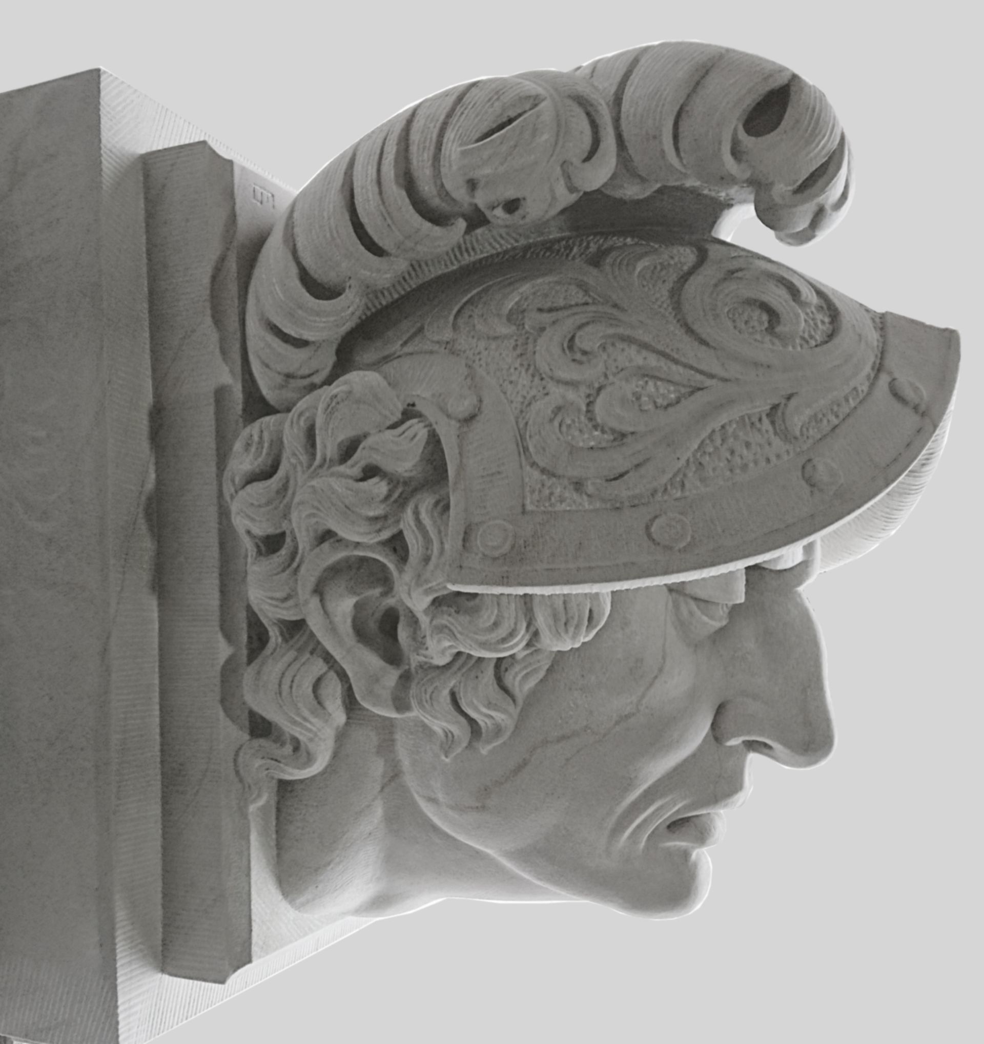 Schlussstein „Sterbender Krieger“ aus Postaer Sandstein gehauen, Anna-Ebert-Brücke Magdeburg