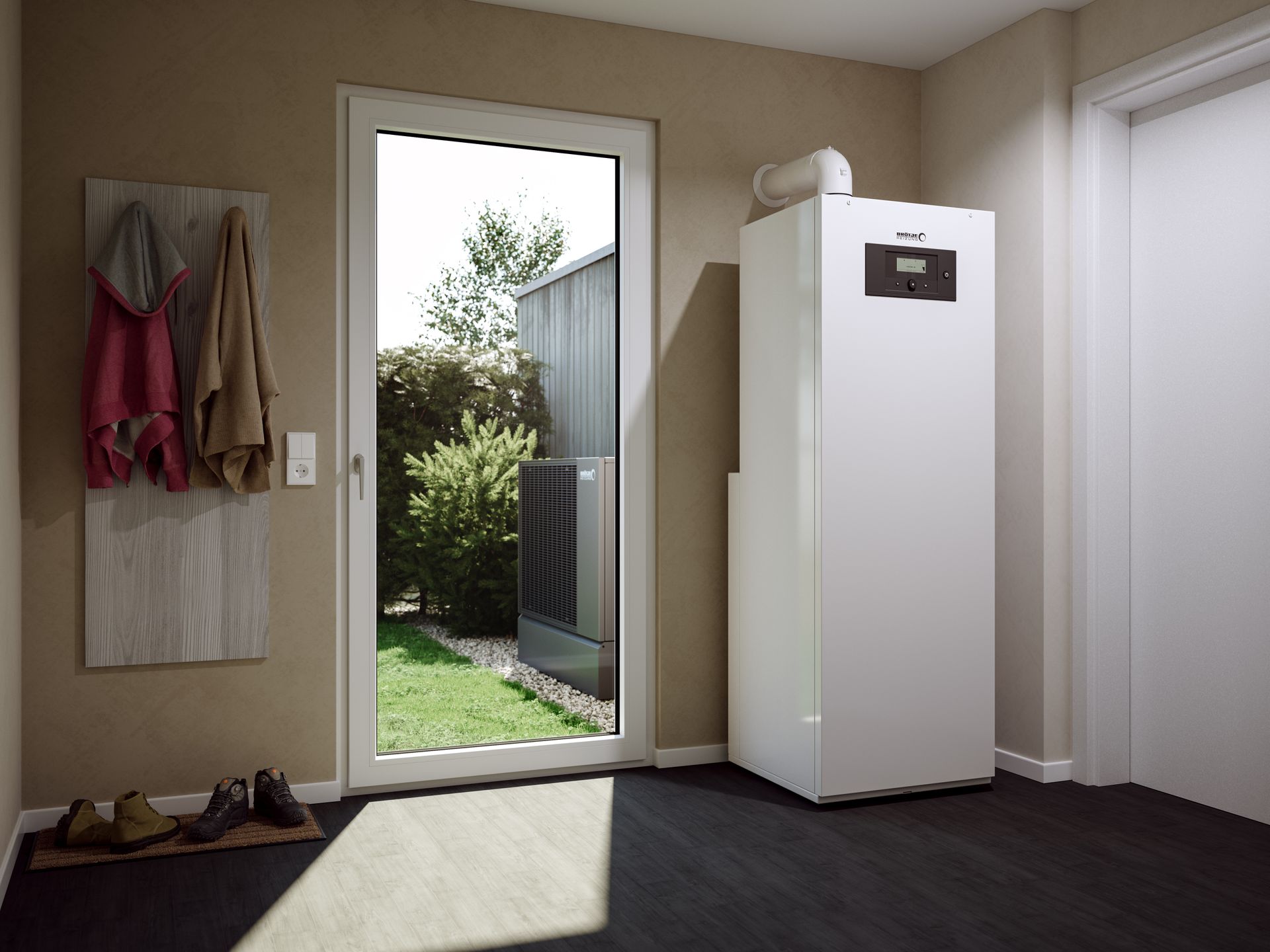 Zwei weiße Heizkessel stehen nebeneinander an einer Wand in einem Wohnzimmer.