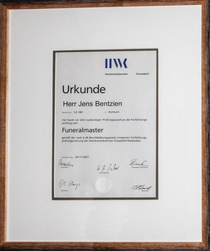 Urkunde von Jens Bentzien als Funeralmaster