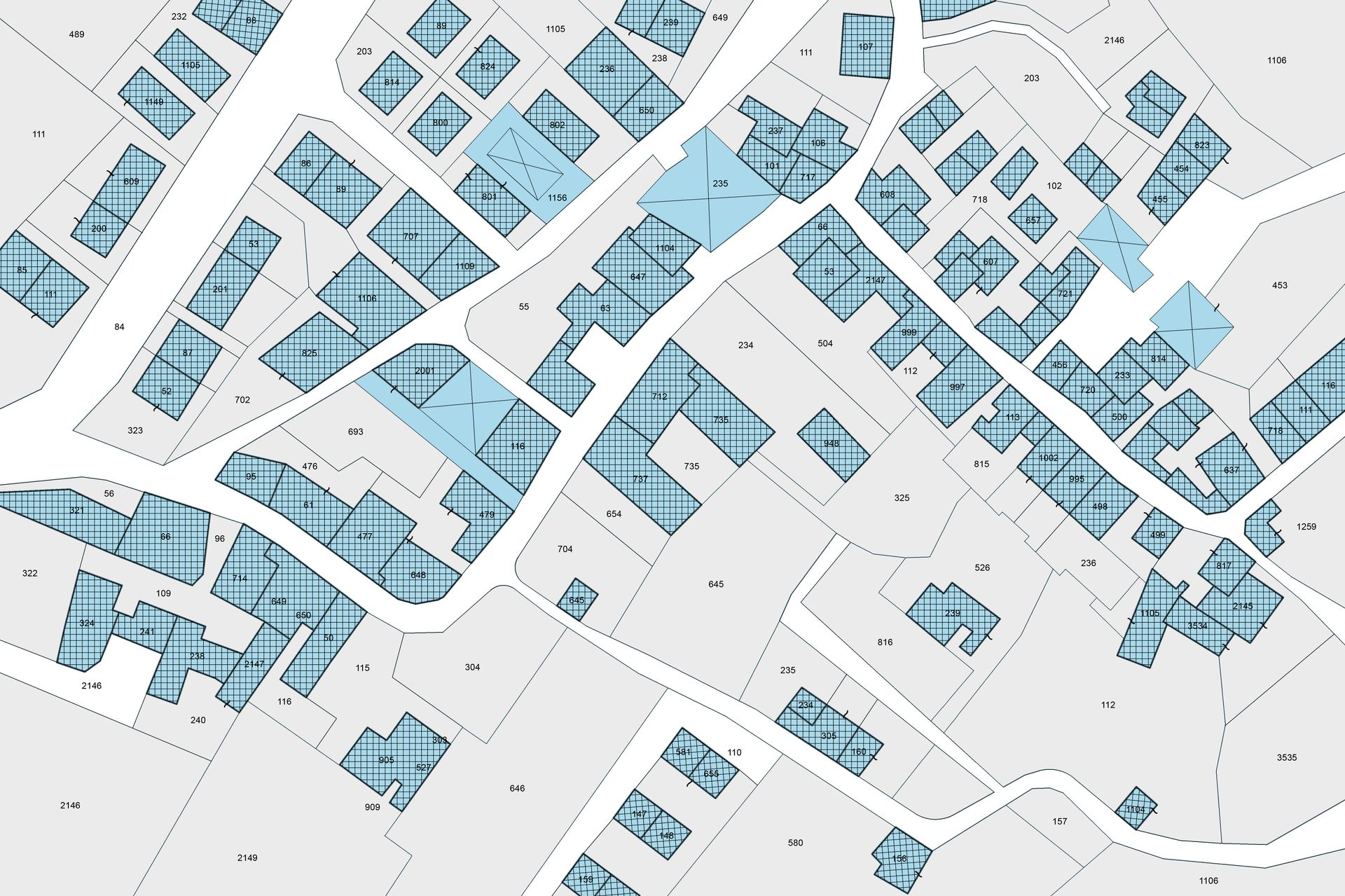Plan cadastral de plusieurs quartiers résidentiels