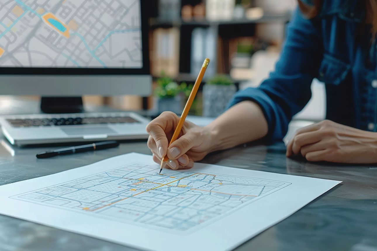 Femme qui inspecte un plan de cadastre au crayon de papier
