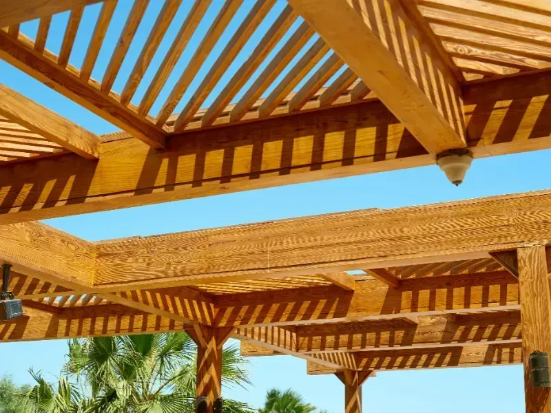 Las vigas de madera de una pérgola proyectan sombras rayadas contra un cielo azul brillante, con palmeras debajo.