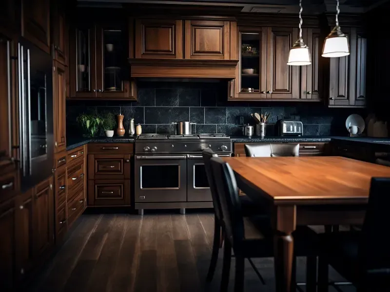 Cocina de madera oscura con electrodomésticos de acero inoxidable, salpicadero de azulejos negros e isla de madera