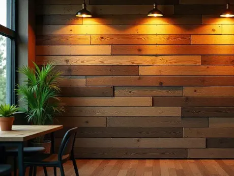Acogedor rincón de cafetería con pared de madera, cálidas lámparas colgantes, una planta en maceta y una mesa con sillas.