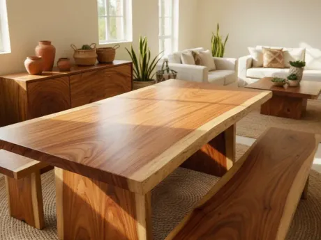 Comedor moderno con mesa de madera, banco a juego y sillas beige junto a la ventana.