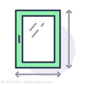 Grün umrahmtes Fenster mit grauen Dimensionspfeilen.
