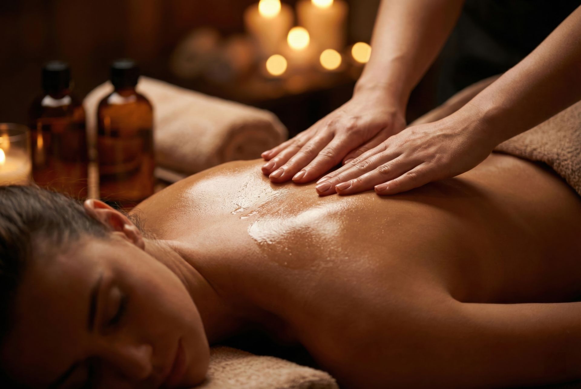 Des mains massent le dos d'une personne lors d'un soin spa, à la lueur chaleureuse des bougies et à proximité des flacons d'huile.